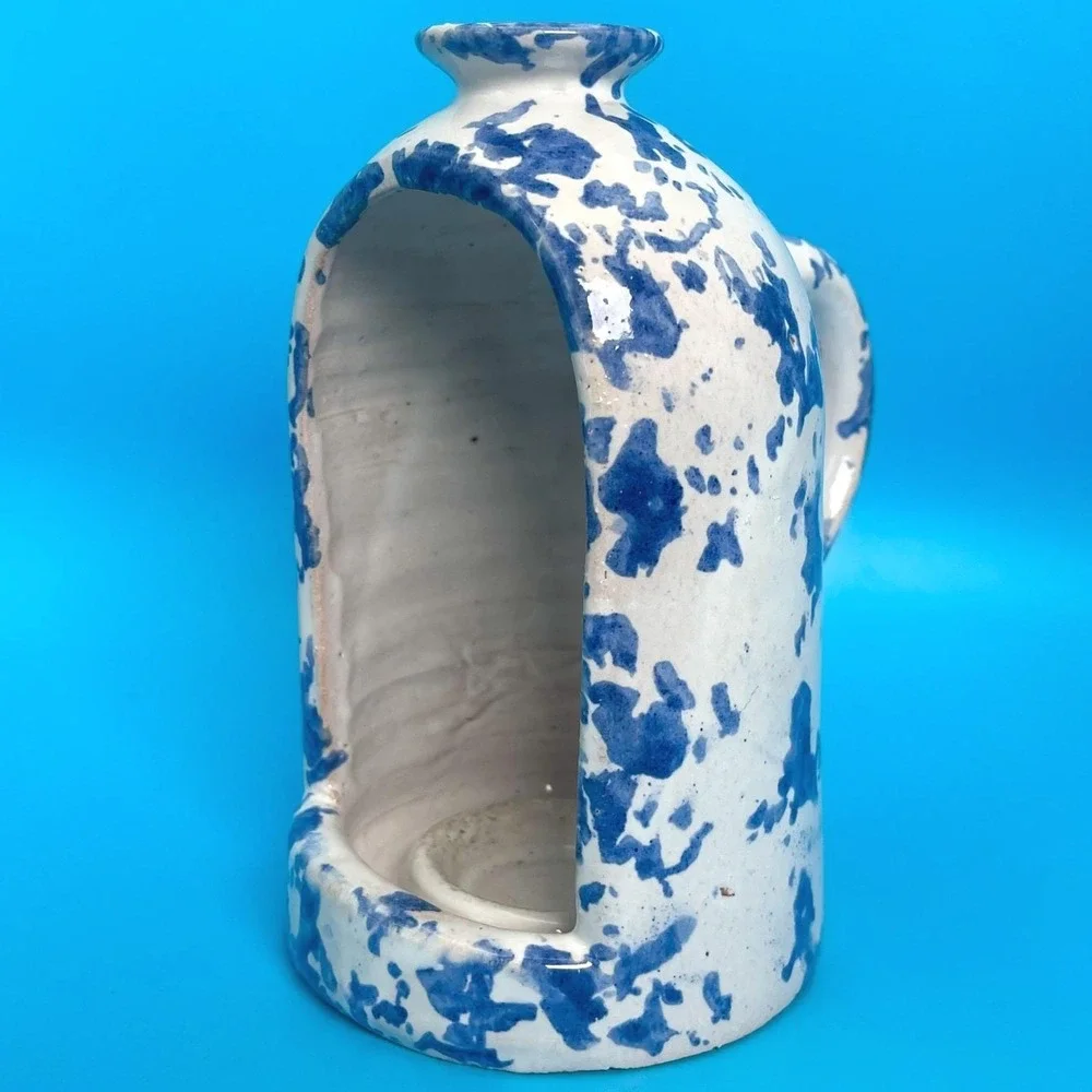Vintage Spongeware Stoneware Pottery‎ Candle Holder Lantern White Blue Speckled